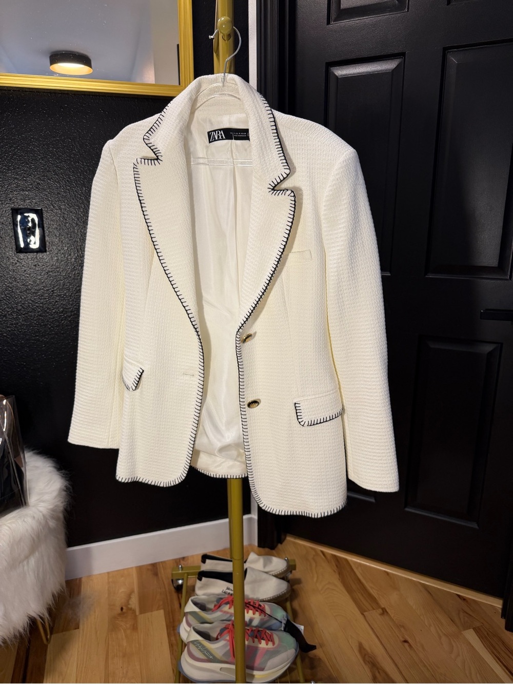 Zara Cream Textured Blazer with Black Trim